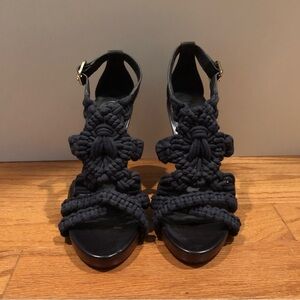 Tory Burch Navy Blue Macrame, leather sole, wood heel, High-Heeled Sandals